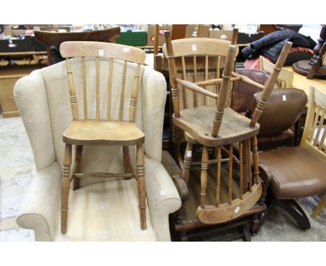 Three stick back kitchen chairs.
