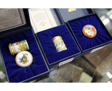 Four Halcyon Days enamel pillboxes, three with original boxes.