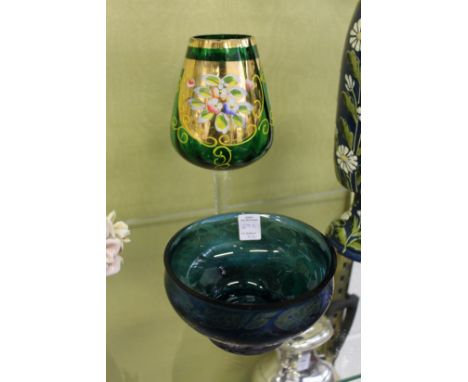 A painted green Murano glass goblet and a decorative glass bowl, possibly Caithness.