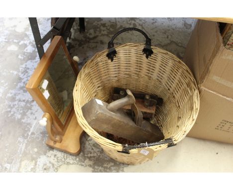 A basket, woodworking tools, dressing table mirror.