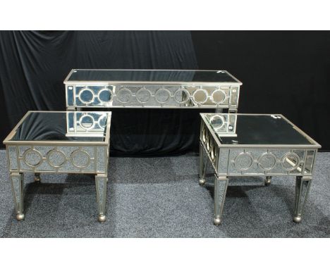 A contemporary mirrored console table, rectangular top, tapered square legs,131cm wide, 77cm high; a pair of mirrored coffee 