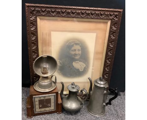A 19th century pewter oil lamp; coffee pot;  Smiths mantel clock etc 
