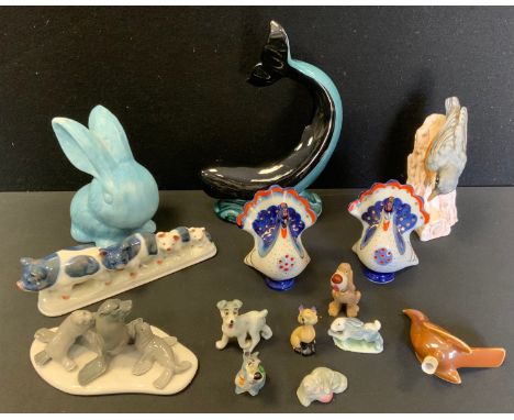A Goebel model Nuthatch;  pair of Lomonosov cockerels;  Poole Whale;  LLadro Seals;  Wade whimseys etc. 