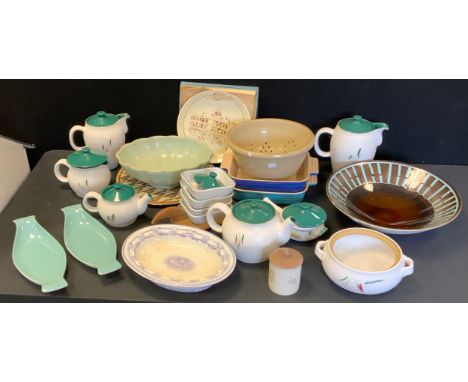 A Denby Greenwheat coffee service, trinket dishes;  strainer;  Poole Art dish;  etc 