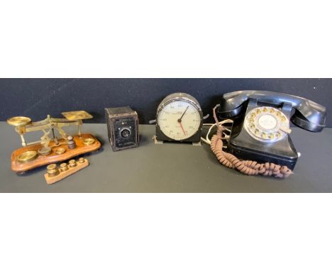 A set of postal balance scales &amp; weights;  cradle telephone;  Hawkeye Ace camera etc 