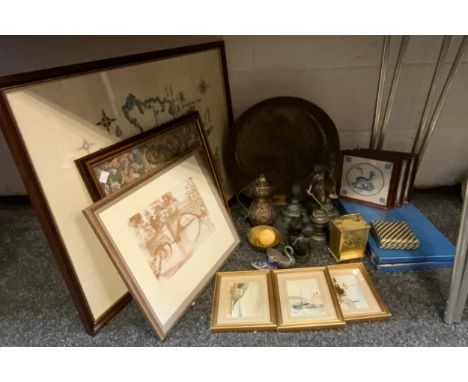 Boxes and Objects - a brass dish;  a Spelter figure;  a carriage clock;  three small watercolours; an embroidery, map of Brit