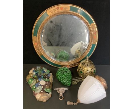 An Art Nouveau milk glass hanging lantern, copper fitting;  glass wall light;  circular wall mirror, 46cm diameter overall et
