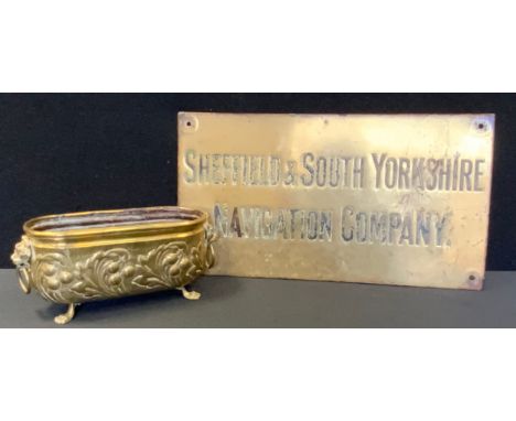 A Sheffield &amp; South Yorkshire Navigation Company brass wall plate sign, approx 28cm x 50cm;  as brass planter (2) 