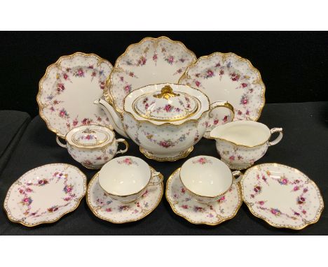 A Royal Crown Derby Royal Antoinette pattern Duet Set inc teapot, sucrier, milk jug, cups &amp; Saucers, cake plate etc, prin