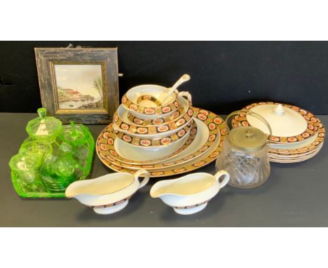 A Coronation Ware graduated meat plates, tureens, dinner plates;   glass dressing table set;  plated ware;   glass biscuit ba