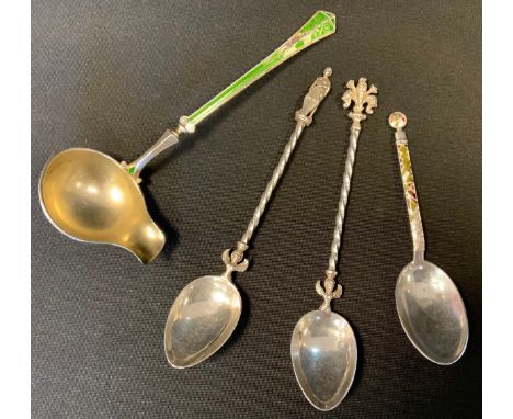 An American enameled silver sauce ladle, stamped 925S, Chicago, A R P;  smaller spoon;  a continental silver Templar topped s