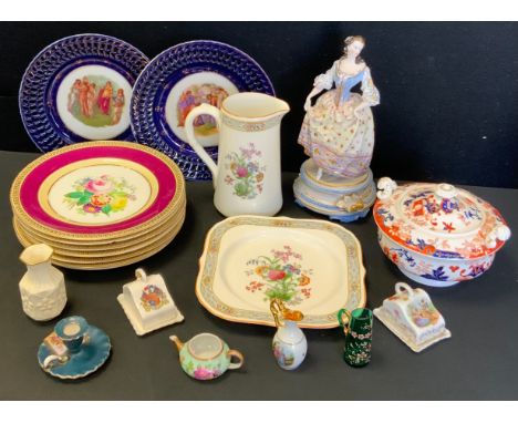 A set of seven English Porcelain dessert plates, c.1860;  a Royal Worcester sandwich plate;  two Continental ribbon plates;  