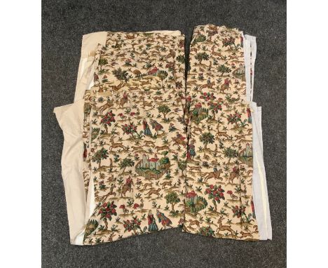 A pair of vintage linen curtain, medieval scenes, possibly Sanderson, two smaller panels (similar) 99cm width x 145cm length 