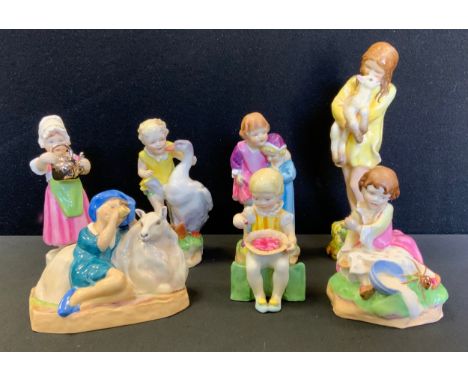 Royal Worcester - a collection of six Children's Nursery Rhyme Song Figures - inc Babe in the Woods, Goosie Goosie Gander, Po