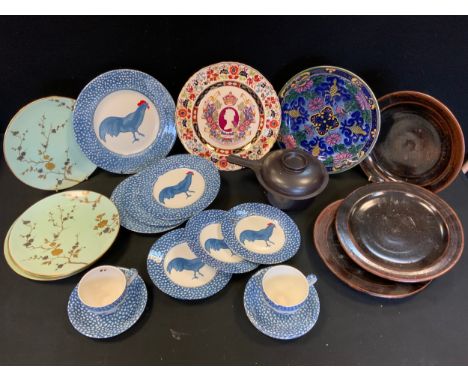 A Burleigh Chanticleer pattern part table service designed by Alice Cotterill;  Fish Dish;  Stoneware jug;  studio pottery pl