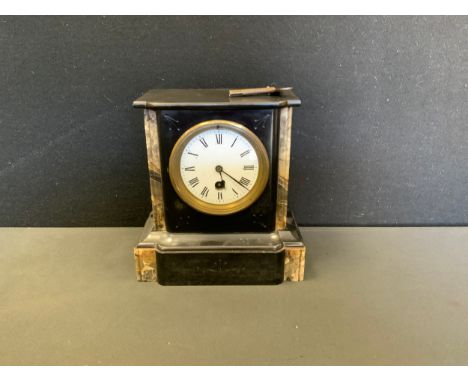 A Victorian belge noir and grey marble mantel time piece, white enamel dial, bold Roman numerals, 21.5cm high, 20.5cm wide. 