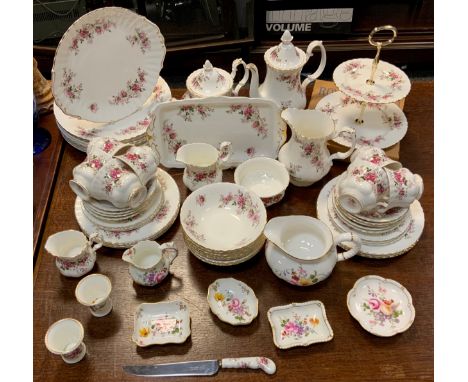 A Royal Albert Lavender Rose dinner and tea service, for seven, comprising  teapot, coffee pot, milk jugs, dinner, dessert an