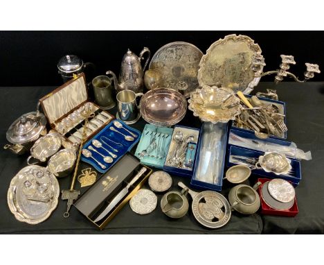 A 20th century three piece teaset;  Victorian comport;  trays; candelabra; flatware etc. 