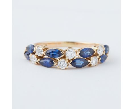 An 18ct yellow gold double row ring set with marquise cut sapphires, approx. total sapphire weight just over 1.00 carat, inte