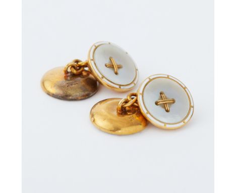 A pair of 18ct yellow gold enamel &amp; mother of pearl 'button' design cufflinks, 8.7gm.