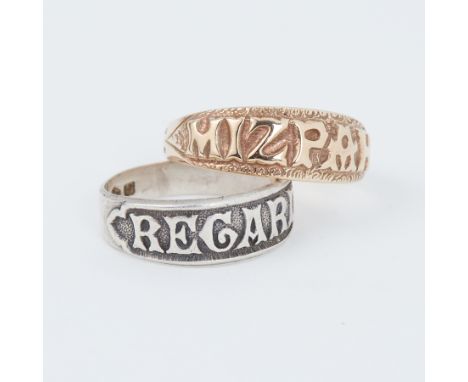 A 9ct yellow gold 'Mizpah' ring, 3.3gm, size R and a silver 'Regard' ring, 2.7gm, size N 1/2, (2).