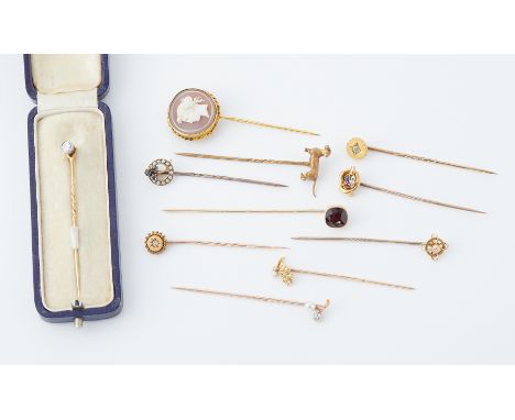 A collection of eleven gold stick pins, including a boxed diamond stick pin, others set with pearls, a cameo, dog, stone set,