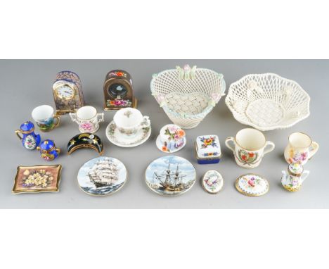 Two pieces of florally encrusted Belleek porcelain and a small collection of miniature porcelain items and brooches, includin