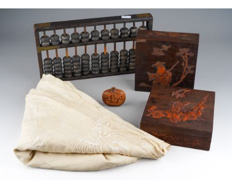 Two Japanese boxes, Abacus, small carved mask