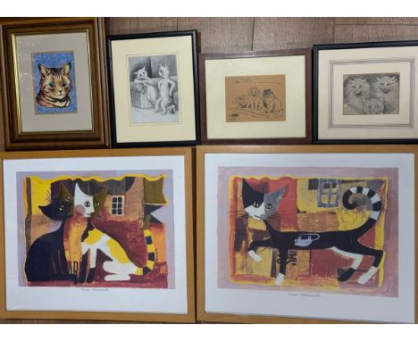 After Louis Wain a collection of four vintage Cat themed framed prints including "The Wallpaper Cat" and two after Rosina Wac