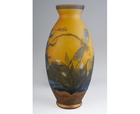 A Czech "Galle Tip" vase, yellow ground decorated with Iris's, Reeds and Dragonflies, gilt painted base with etched decoratio