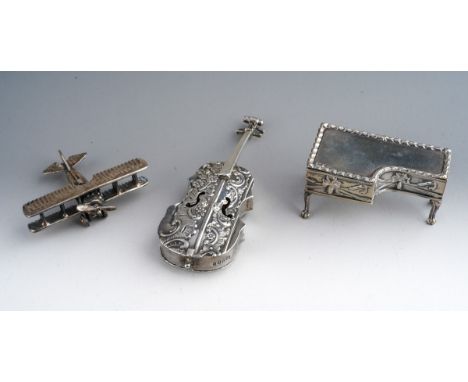 Three Victorian and 20th century miniature silver items, comprising a novelty cello shaped box, foliate repousse decoration, 