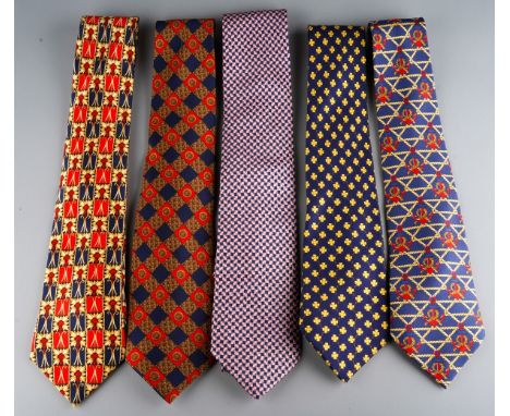 A collection of five vintage silk ties, comprising two by Celine (anchors &amp; rope, four leaf clovers on blue ground), two 
