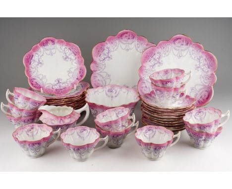Foley China, Wileman ( early Shelley) pink and purple porcelain tea set to include milk, sugar, 2 cake plates, 12 side plates