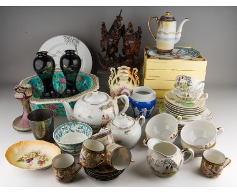 Collection of oriental items and porcelain to include a large Chinese bowl, Japanese tea sets, pair of lacquer vases, pair of