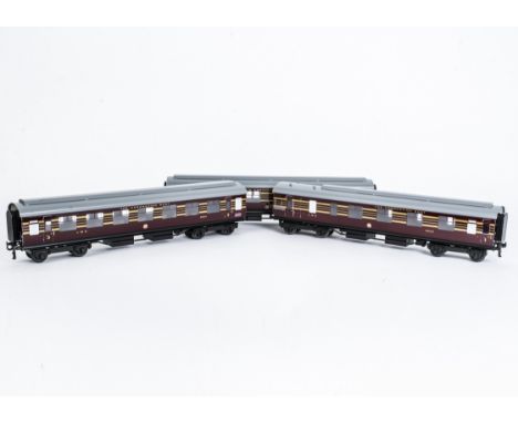 An ACE Trains 0 Gauge 2/3-rail C/28-A LMS 'Coronation' 3-Coach Set and Interior Detailing Kits,  in LMS streamlined maroon/go