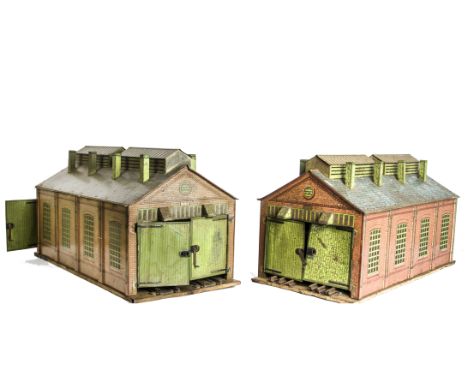 Hornby 0 Gauge No 2 Engine Sheds, one 3-rail and one 2-rail, P-F, both with rusting and various damages, one roof vent missin