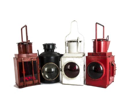 Vintage Railway Lamps, a group of four including three of square form two painted red BR/BR (W), both with burners and undama