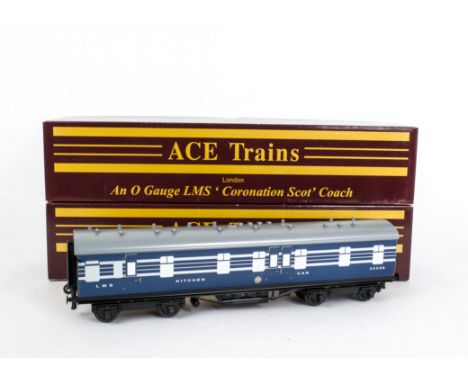 Three ACE Trains 0 Gauge 2/3-rail Individual LMS 'Coronation' Coaches and Interior Detailing Kit,  in LMS streamlined blue li