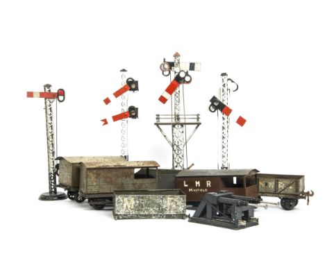 Gauge I Wagons and Signals for Spares or Restoration, tinprinted wagons including 3 open wagons, 1 van and 2 brake vans, all 