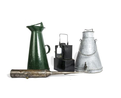 Vintage Water Carriers and a Railway Lamp, two railway gang water carriers, both galvanised examples of tapering form one wit