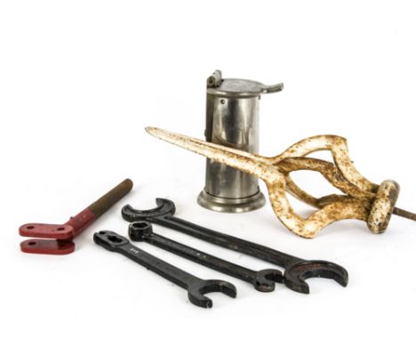 Railway Related Ironmongery, various items,  a cast iron white painted finial, various spanners mostly repainted, including G