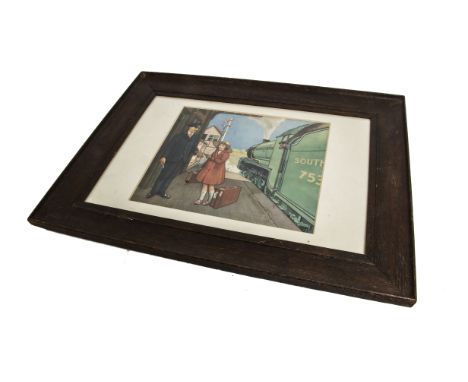 Southern Railway and Liverpool Overhead Railway Prints, an oak framed and glazed print depicting a guard checking a young gir