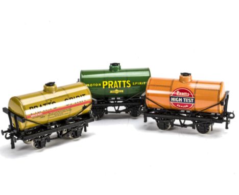 An ACE Trains 0 Gauge Petrol Tank Wagon Set '3', containing 3 'Pratts' tank wagons in yellow, orange and green respectively, 