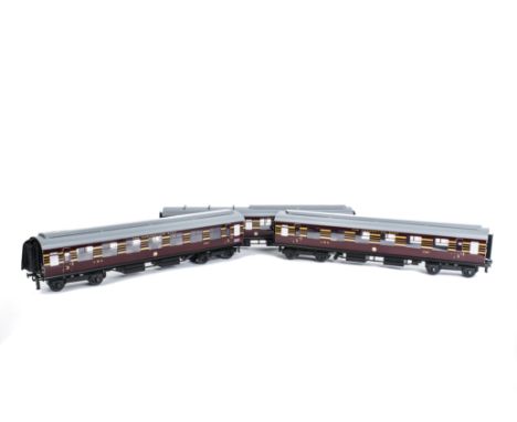 An ACE Trains 0 Gauge 2/3-rail C/20-B LMS 'Coronation' 3-Coach Set and Interior Detailing Kits,  in LMS streamlined maroon/go