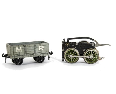 A Bing Gauge I Clockwork Motor and Bassett-Lowke MR Wagon, the motor unit with two-speed function and light green wheels, G-V