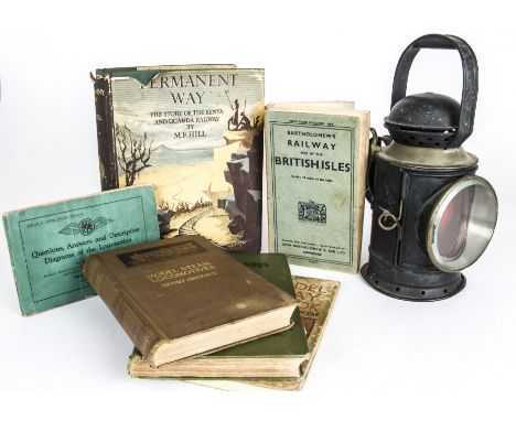 GWR Signal Lamp and Pre-war and Later Books, a repainted brass and tinplate signal lantern with one cracked red lens and frac