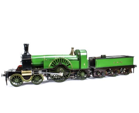 A 5" Gauge GNR Stirling 'Single' 4-2-2 Locomotive No 1 and Tender, possibly from a kit, made as a static model but with poten