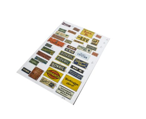 A Collection of Bassett-Lowke 0 Gauge Tinplate Advertising Signs, including Bovril, BDV, Scotch Ale, Eno's, Player's, Ronuk, 