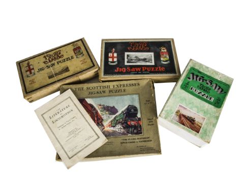 Chad Valley and A.V.N. Jones &amp; Co Jigsaw Puzzles, a group of four wooden examples including The Cheltenham Flyer, Freight