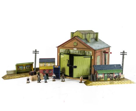 Hornby 0 Gauge No 1 clockwork Engine Shed and Other Scenic Items, the shed with 2-rail tracks, F-G, slight rusting, with a 'M